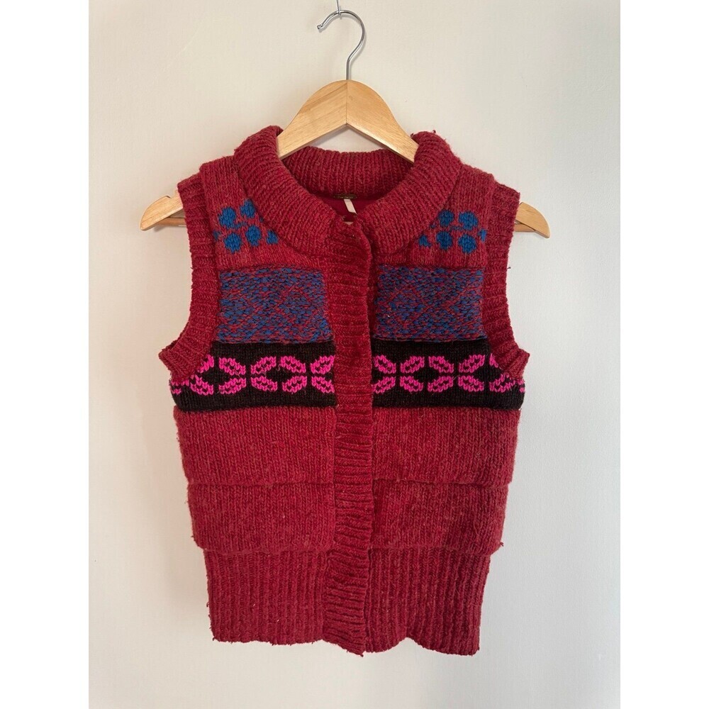 Free People Chunky Knit Sweater Vest Red Pink Blue Fair Isle Boho Small